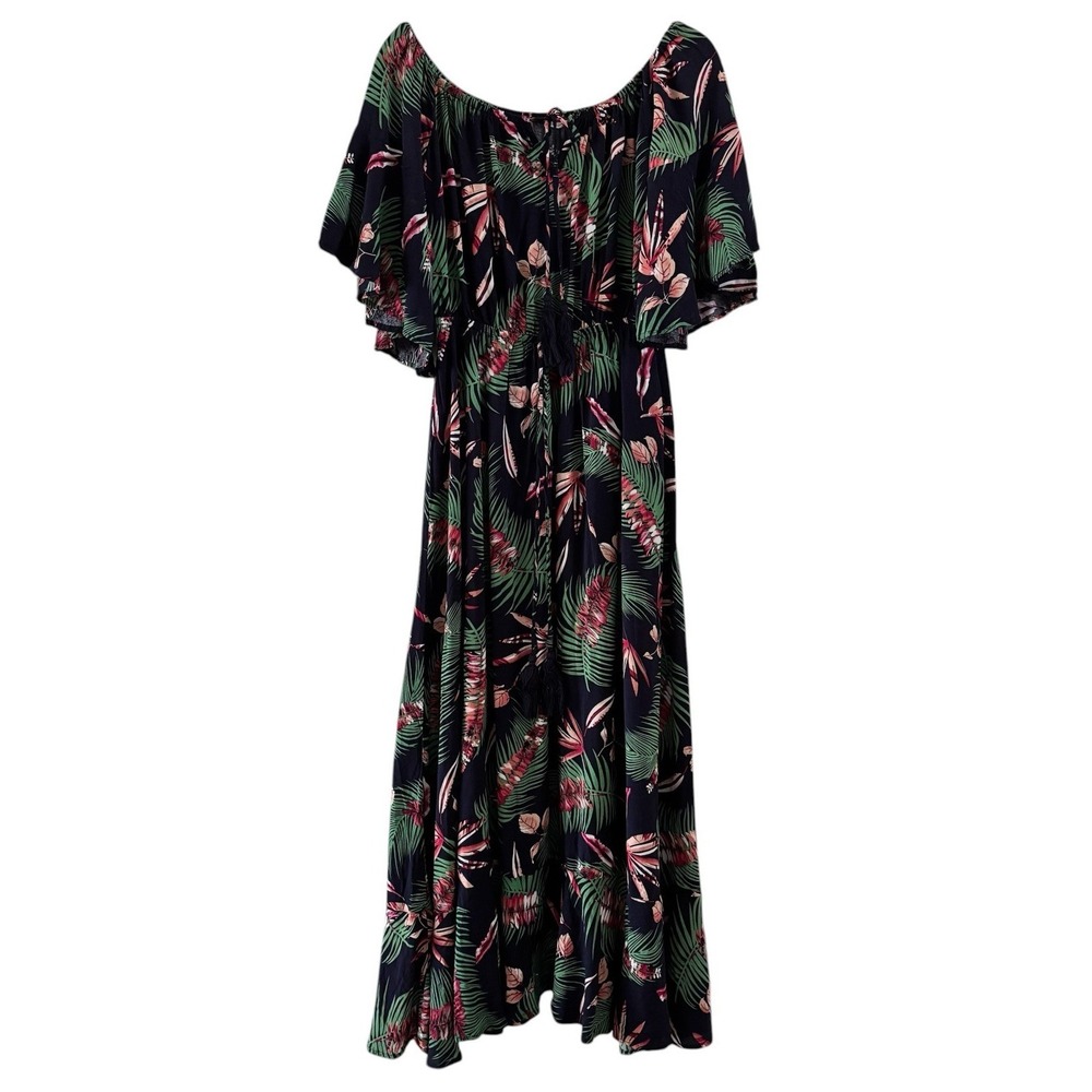 Label of Love Dress L Blue Tropical Floral Off Shoulder Boho Maxi Tassel Tie